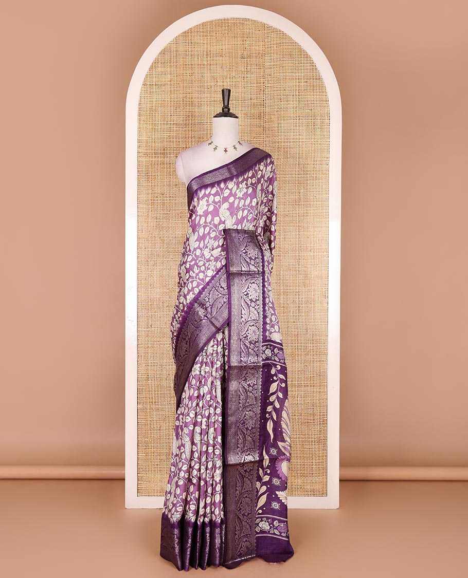 Lavender kalamkari floral vine and peacock printed dola silk saree, contrast traditional zari border, peacock printed pallu, and floral vine print blouse