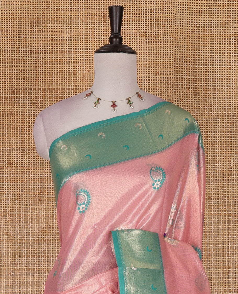 Pink antique buttas tissue silk saree, contrast satin zari border of half-moon motifs, pallu of temple design pallu, and contrast butta blouse