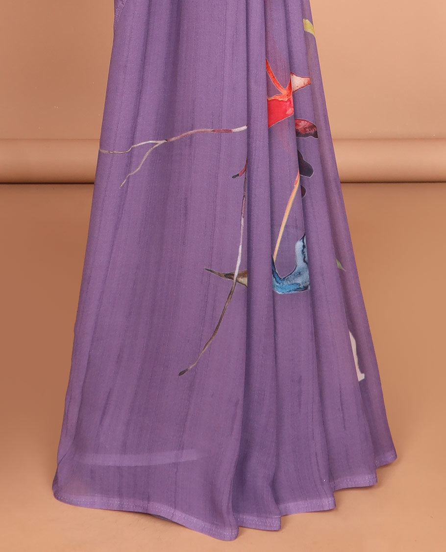 Borderless Violet all-over abstract designer printed smooth georgette saree with self printed pallu & self plain blouse