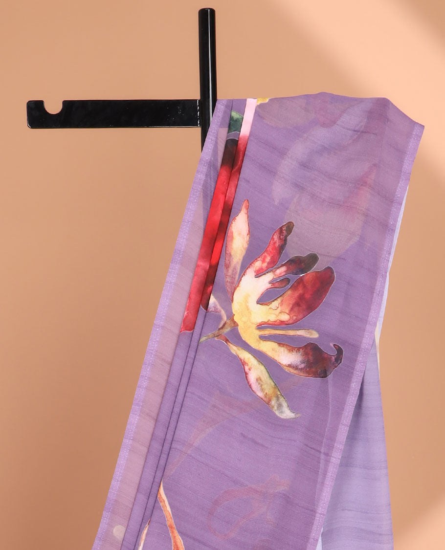 Borderless Violet all-over abstract designer printed smooth georgette saree with self printed pallu & self plain blouse