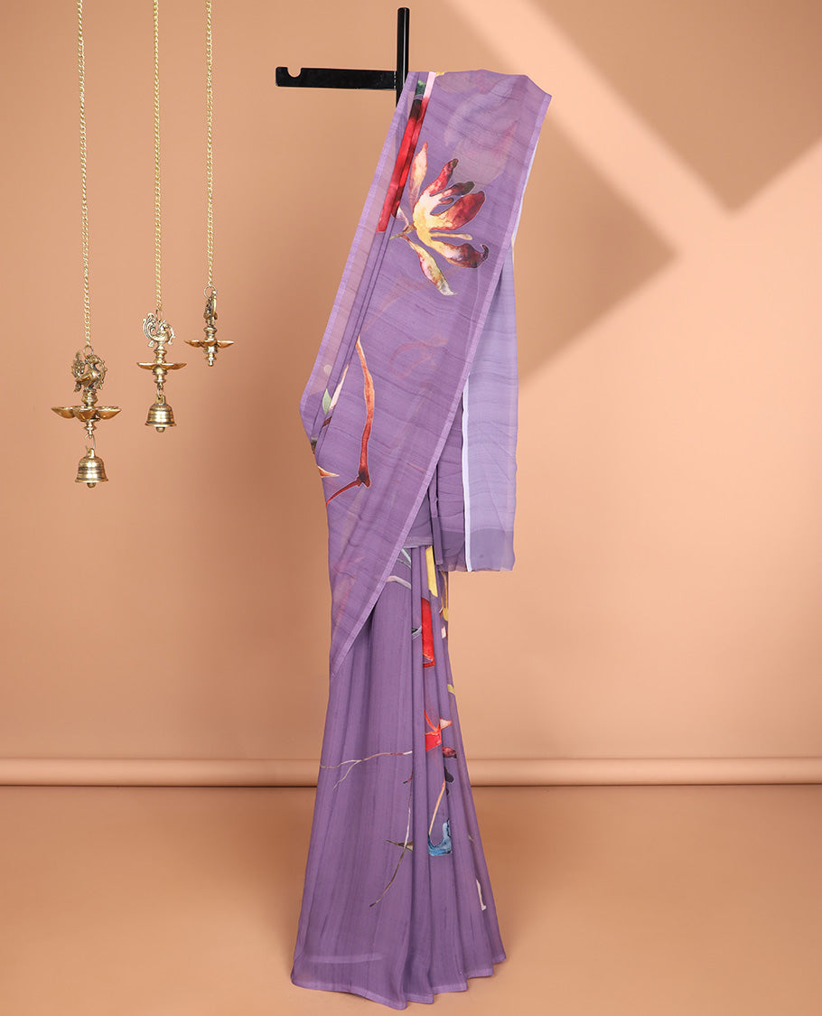 Borderless Violet all-over abstract designer printed smooth georgette saree with self printed pallu & self plain blouse