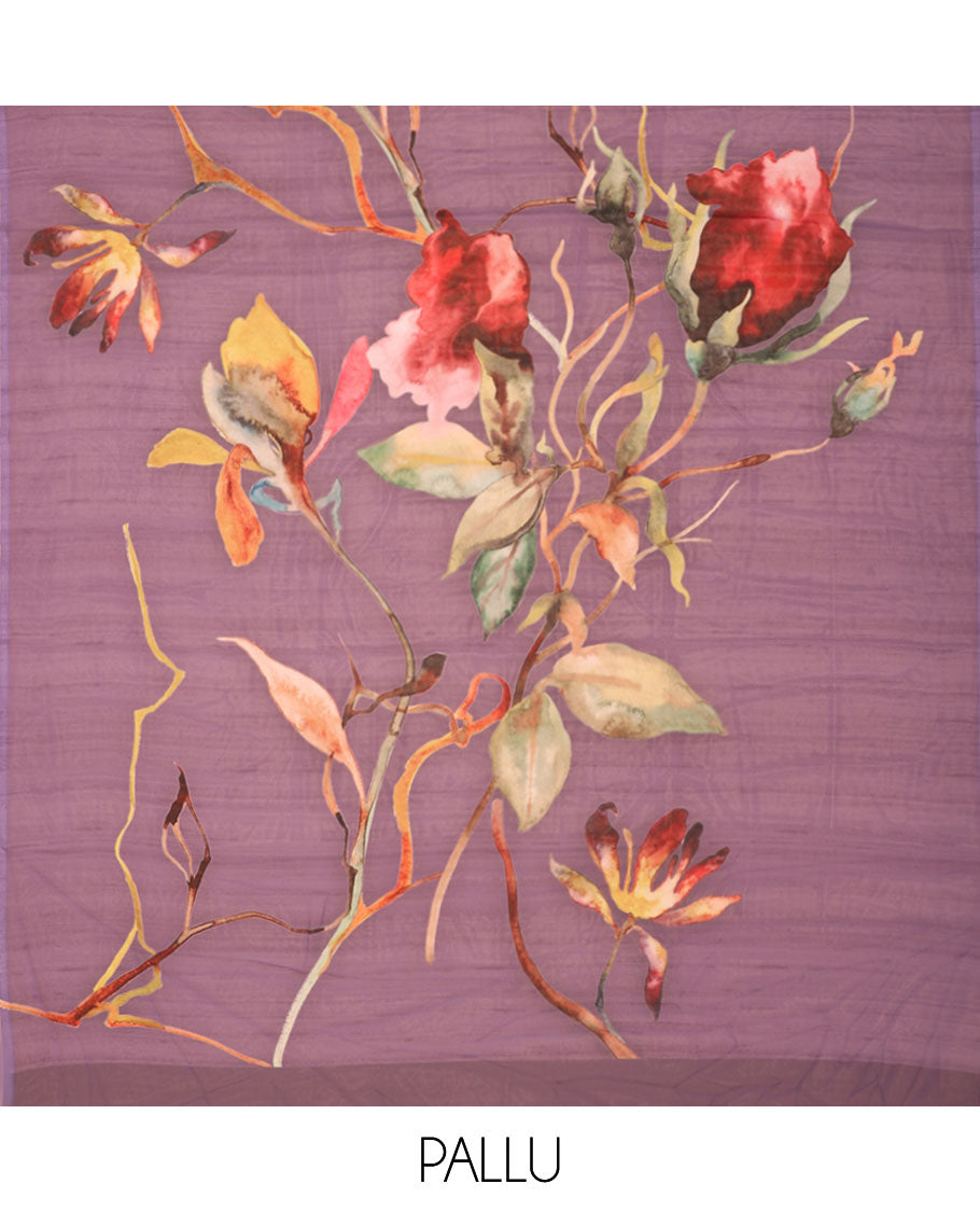 Borderless Violet all-over abstract designer printed smooth georgette saree with self printed pallu & self plain blouse