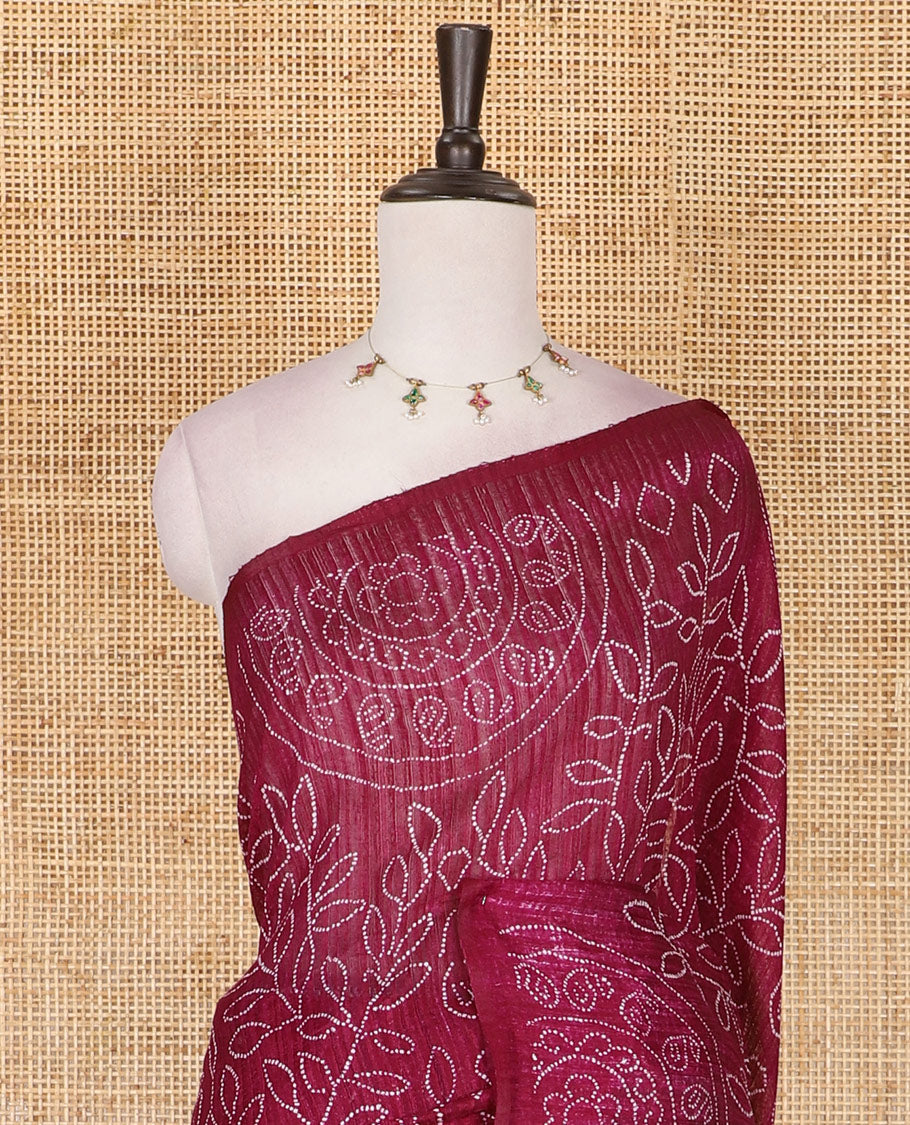 Borderless wine bandhani style floral, paisley, and chakra printed semi-jute silk saree, contrast ajrakh printed pallu, and ajrakh printed blouse