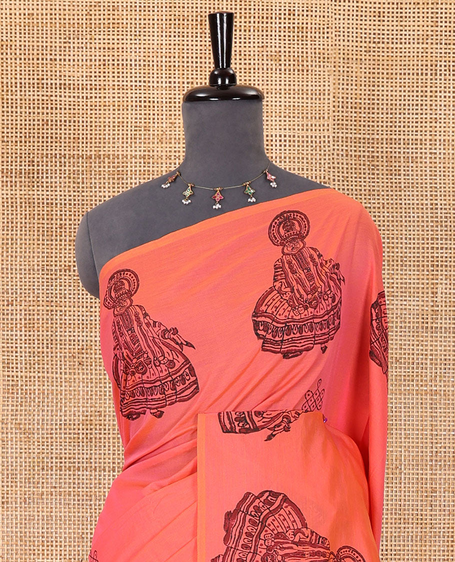 Borderless pink kolam and kathakali motifs printed South cotton saree with a matching blouse, and a contrast printed blouse