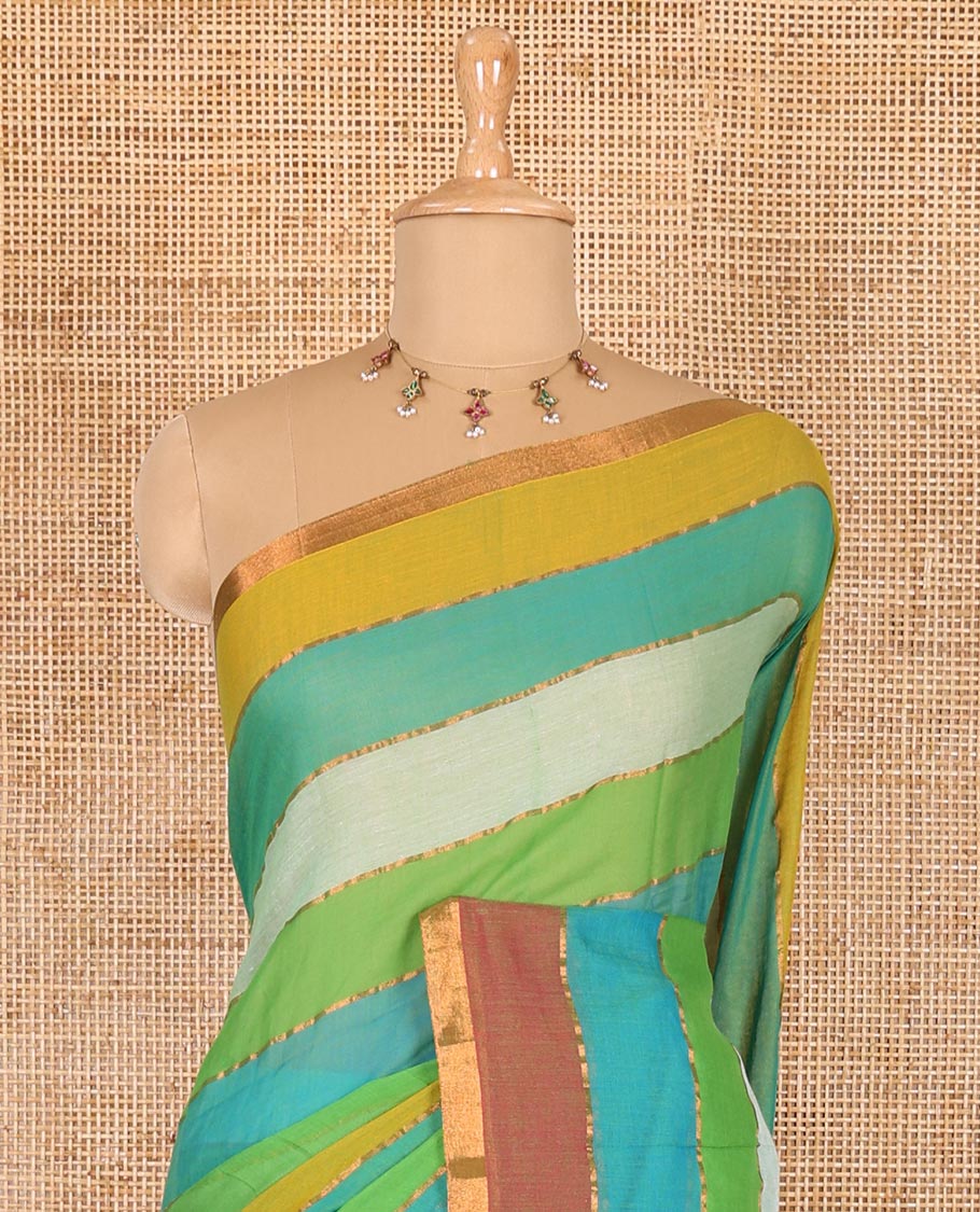 Rani rainbow-style striped Khadi mul cotton saree with piping zari border, and a matching zari striped blouse