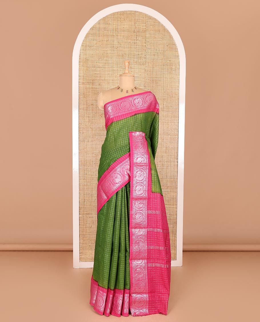Green and pink checked sungudi cotton saree, contrast silver zari round peacock border, striped pallu, and a contrast checked blouse