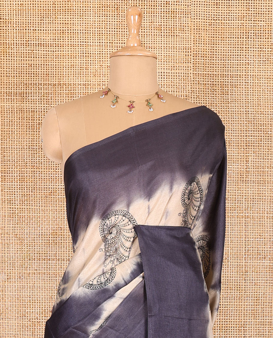 Borderless navy blue shibori printed with shell motifs, blockprinted Manipur tussar saree, shibori printed pallu, and a plain matching blouse