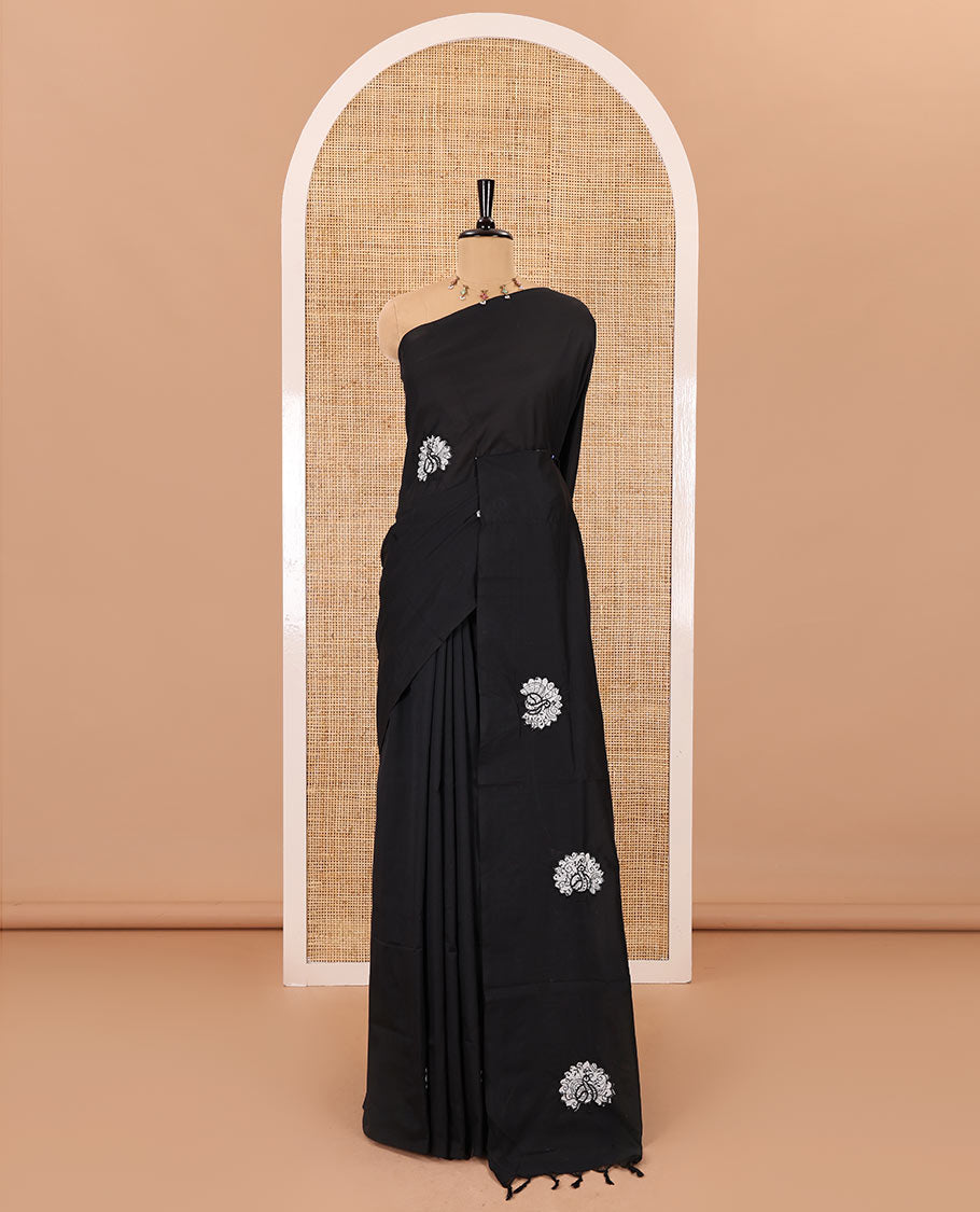 Borderless black peacock motifs patch embroidered South cotton saree with a plain blouse and a contrast paisleys printed blouse