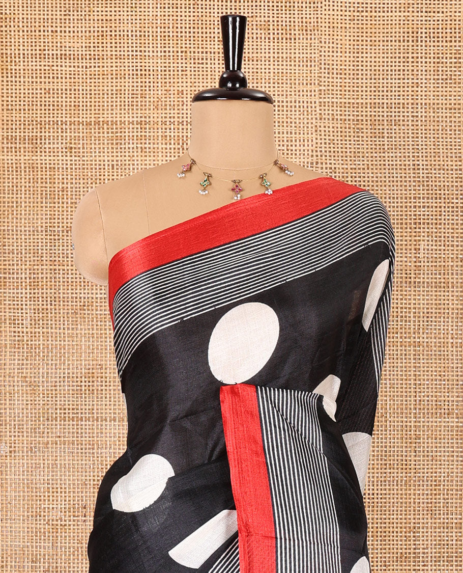 Black polka dots printed art khadi cotton saree, contrast striped border, striped pallu, and a contrast striped blouse