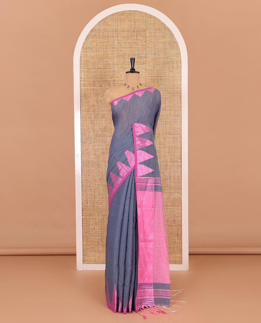Grey plain khadi mul cotton saree, contrast thread temple border, plain pallu, and a contrast plain blouse