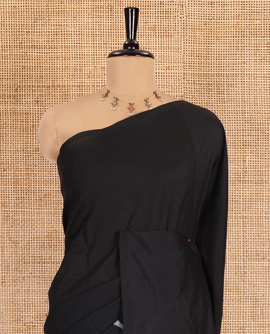 Borderless black floral and dragonfly motifs printed South cotton saree, printed pallu, and a matching floral printed blouse