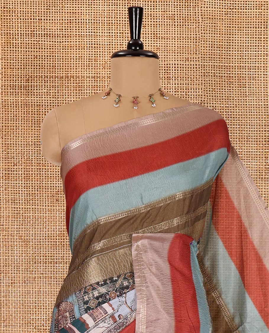 Green Mughal-style motifs printed moss crush saree, contrast double-sided colorful-dyed with zari work border, Mughal-style printed pallu, and a floral motifs printed blouse