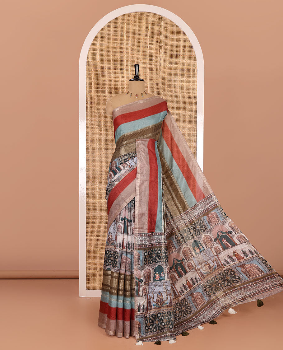 Green Mughal-style motifs printed moss crush saree, contrast double-sided colorful-dyed with zari work border, Mughal-style printed pallu, and a floral motifs printed blouse