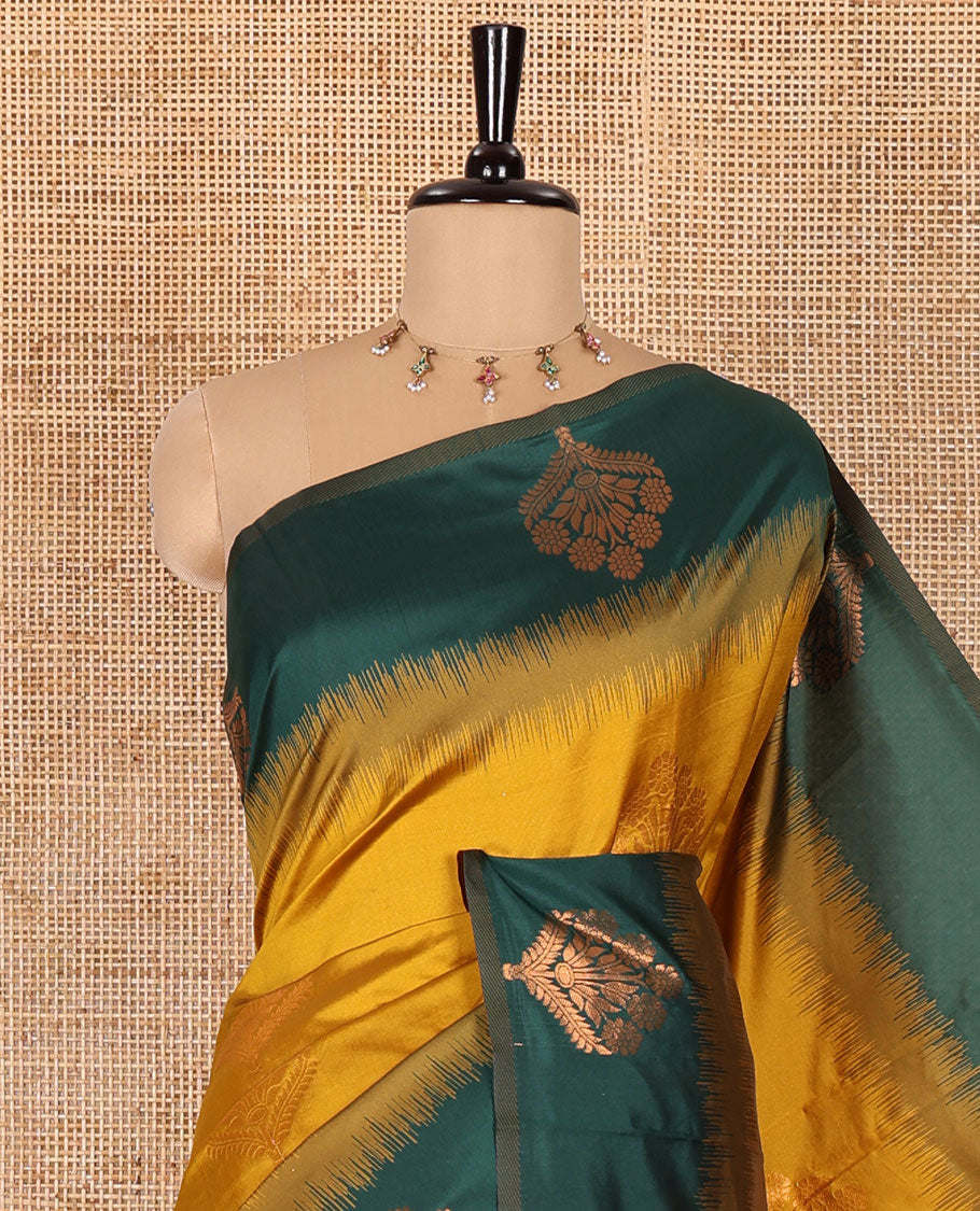 Mustard floral zari buttas Kanchi silk saree, contrast floral motifs zari woven border, butta enclosed jaal pallu, and a zari design pallu
