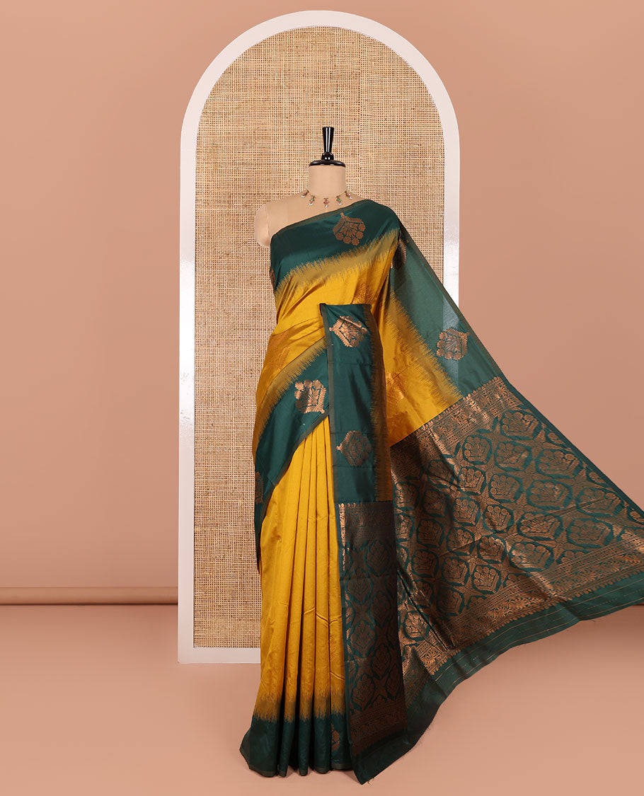 Mustard floral zari buttas Kanchi silk saree, contrast floral motifs zari woven border, butta enclosed jaal pallu, and a zari design pallu