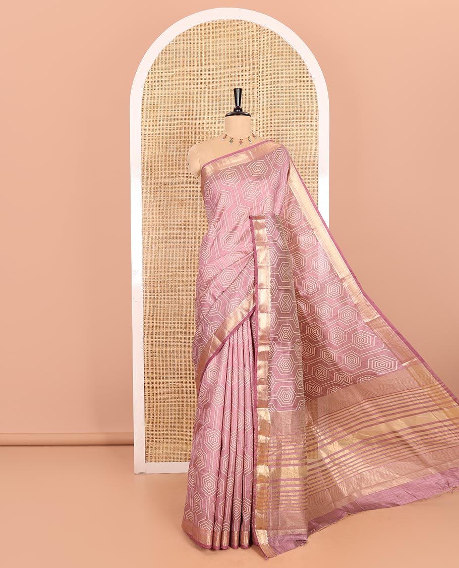 Lavender Semi-Tussar Saree Subtly Sparked with Hexagonal Geometric Patterns Printed All Over Its Body, Featuring Traditional Zari Design Border, Gleaming Zari Striped Pallu, and a Matching Blouse