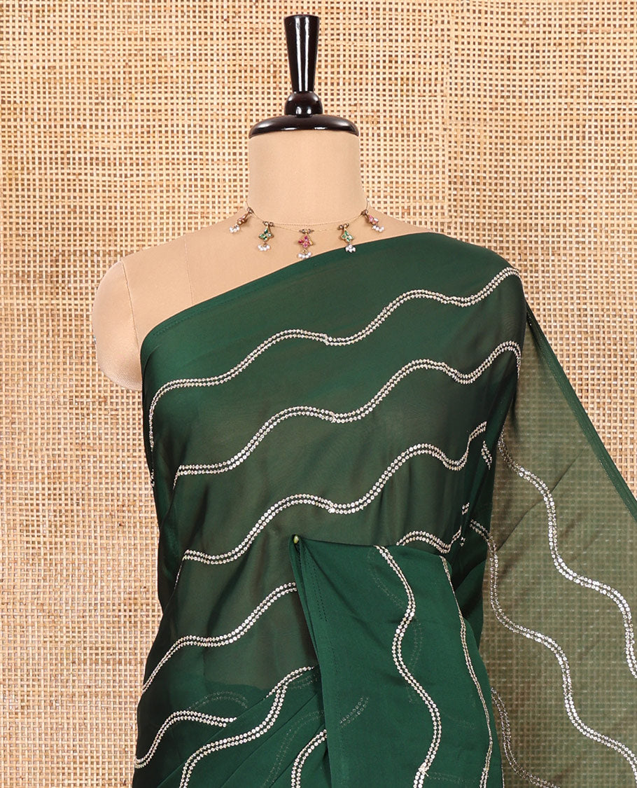 Borderless Green Rangoli Chiffon Saree Featuring Sequins-Embroidered Zig-Zag Stripes Woven Across Its Body and Pallu, Comes Without a Blouse