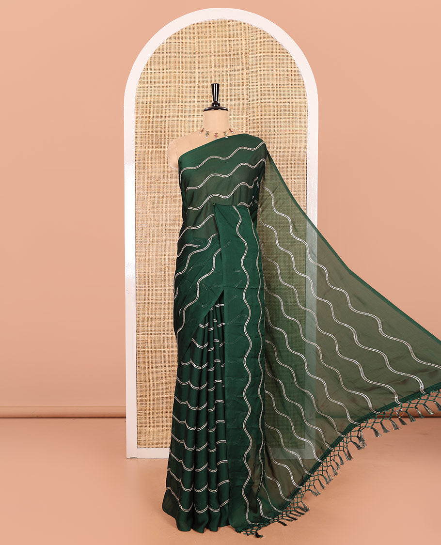 Borderless Green Rangoli Chiffon Saree Featuring Sequins-Embroidered Zig-Zag Stripes Woven Across Its Body and Pallu, Comes Without a Blouse