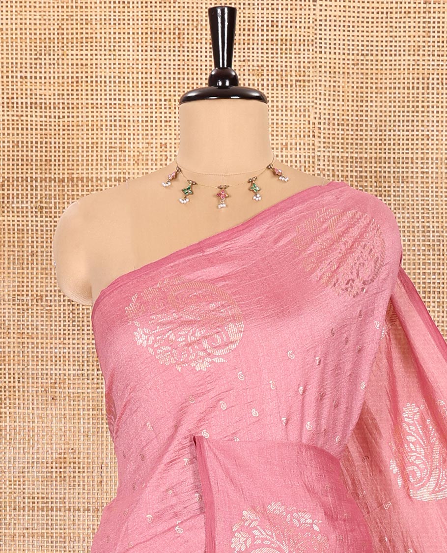 Pink Vichitra Silk Saree Embellished with Small Paisley Buttas All Over Its Body, Complemented by a Contrast Border of Floral-Paisley Designs, Self Pallu, and Comes Without a Blouse