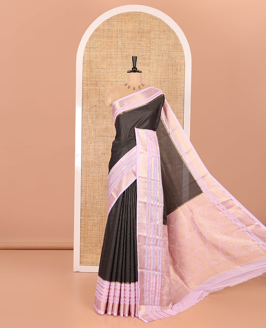 Black and Lavender Semi-Mysore Crepe Saree Richly Detailed with Micro-Checks, Complemented by Contrast Traditional Zari Design Border, Gracefully Embellished Pallu of Thilakam Designs, and Paired with a Contrast Blouse