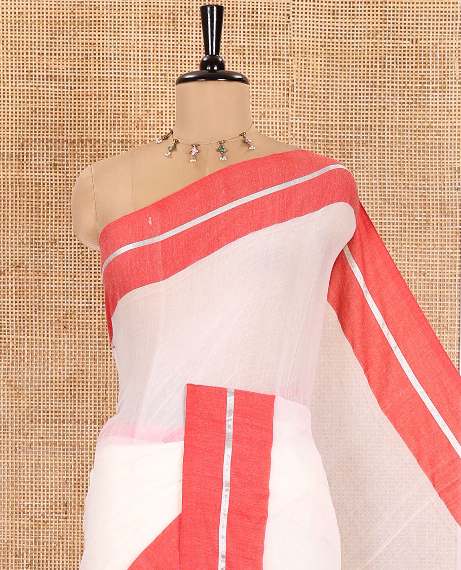 Cream and Red Plain Khadi Mul Cotton Saree, Complemented by Contrast Horizontal Striped Border, Plain Pallu, and Paired with a Matching Blouse