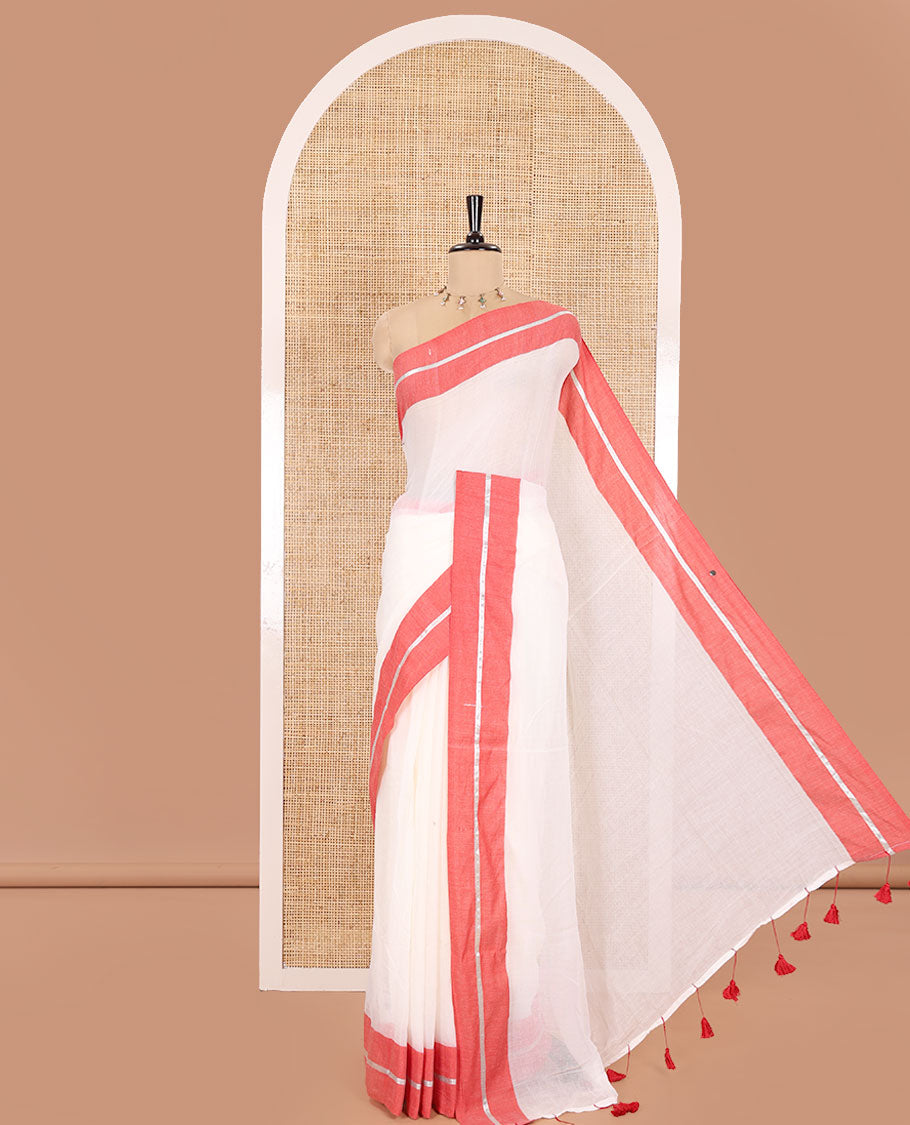 Cream and Red Plain Khadi Mul Cotton Saree, Complemented by Contrast Horizontal Striped Border, Plain Pallu, and Paired with a Matching Blouse