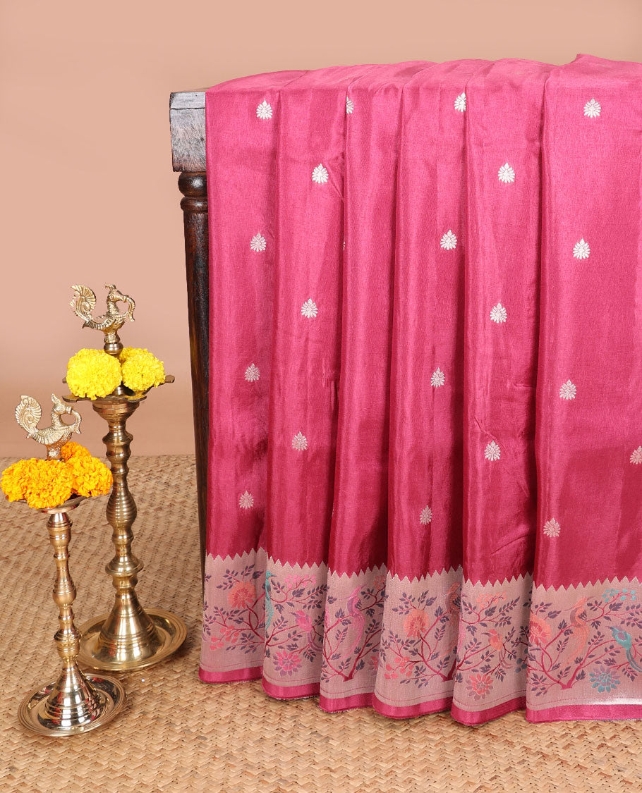 Pink pathick style design dola silk saree with parrot design border & pathick style pallu along with contrast blouse