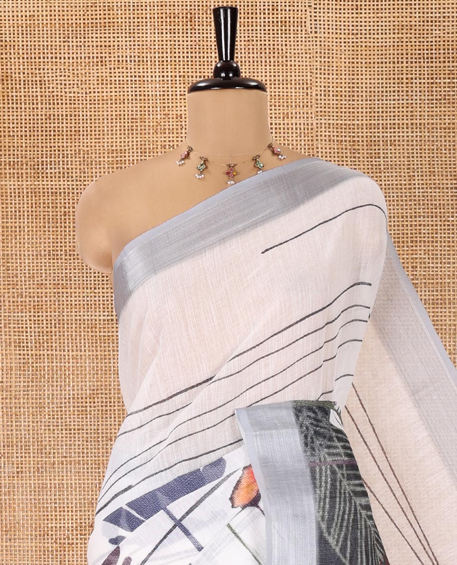 Grey Linen Cotton Saree, Beautified with Tropical Floral Print on Its Body, Complemented by a Contrast Plain Border, Floral Printed Pallu, and Paired with a Contrast Blouse