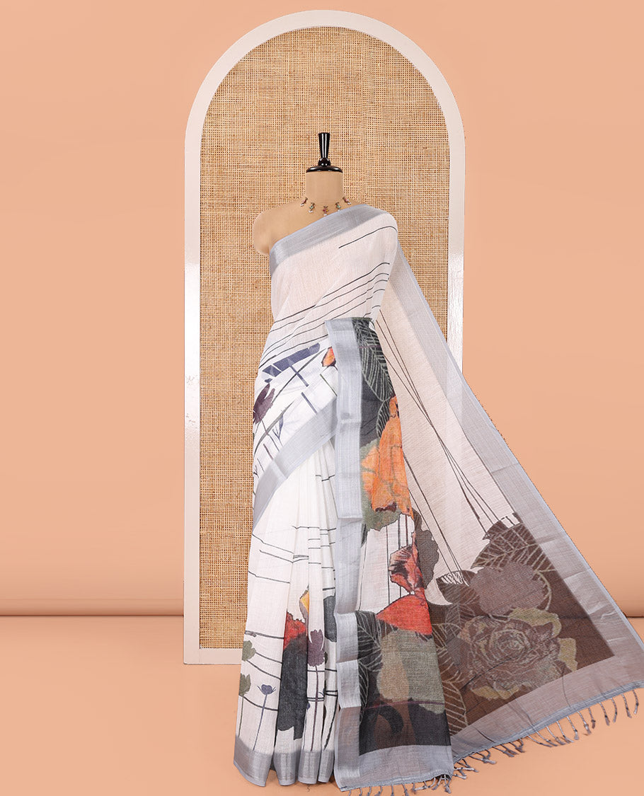 Grey Linen Cotton Saree, Beautified with Tropical Floral Print on Its Body, Complemented by a Contrast Plain Border, Floral Printed Pallu, and Paired with a Contrast Blouse