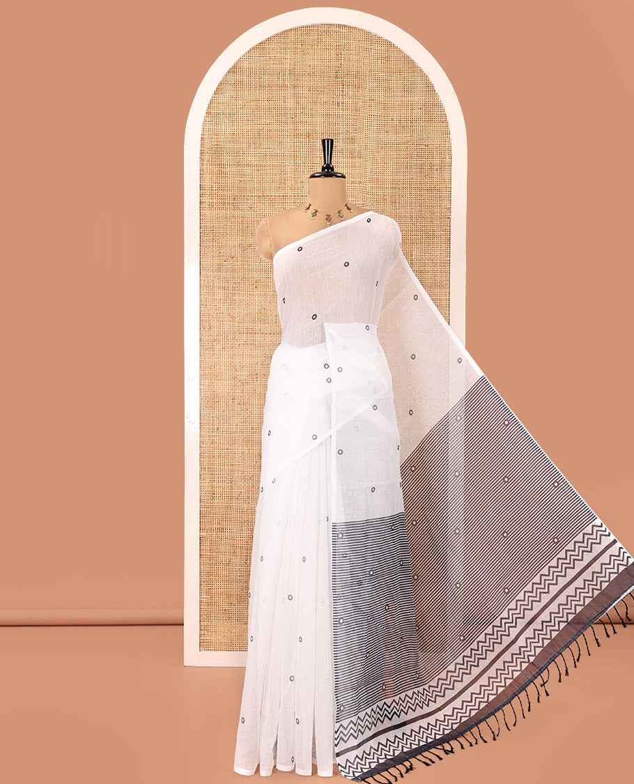 Borderless White Linen Cotton Saree, Adorned with Polka Dot Print, Contrast Geometric Printed Pallu, and Paired with a Contrast Blouse
