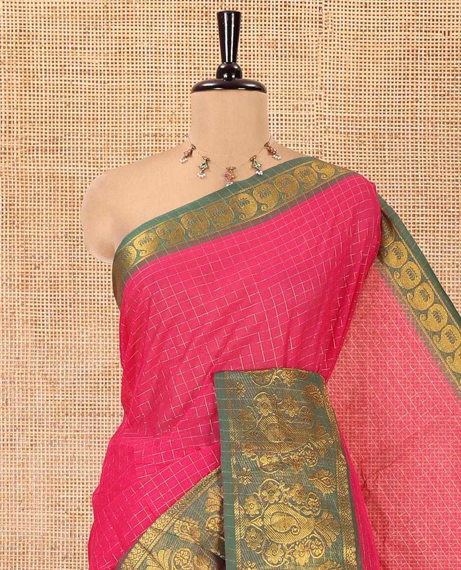 Rani Pink Chettinad Cotton Saree, Elevated with Checked Design All Over Its Body, Complemented by a Contrast Traditional Zari Border of Paisley Designs, Zari-Striped Pallu, and Has No Blouse