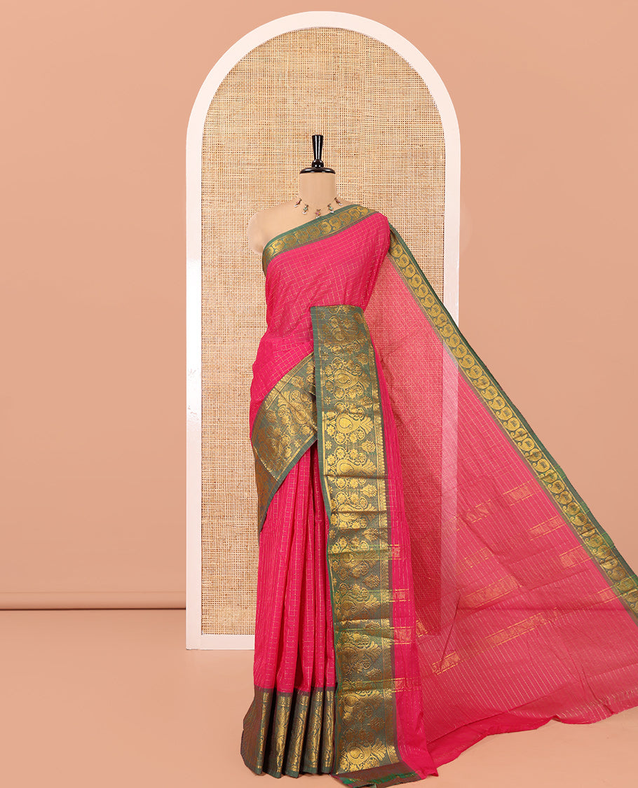 Rani Pink Chettinad Cotton Saree, Elevated with Checked Design All Over Its Body, Complemented by a Contrast Traditional Zari Border of Paisley Designs, Zari-Striped Pallu, and Has No Blouse