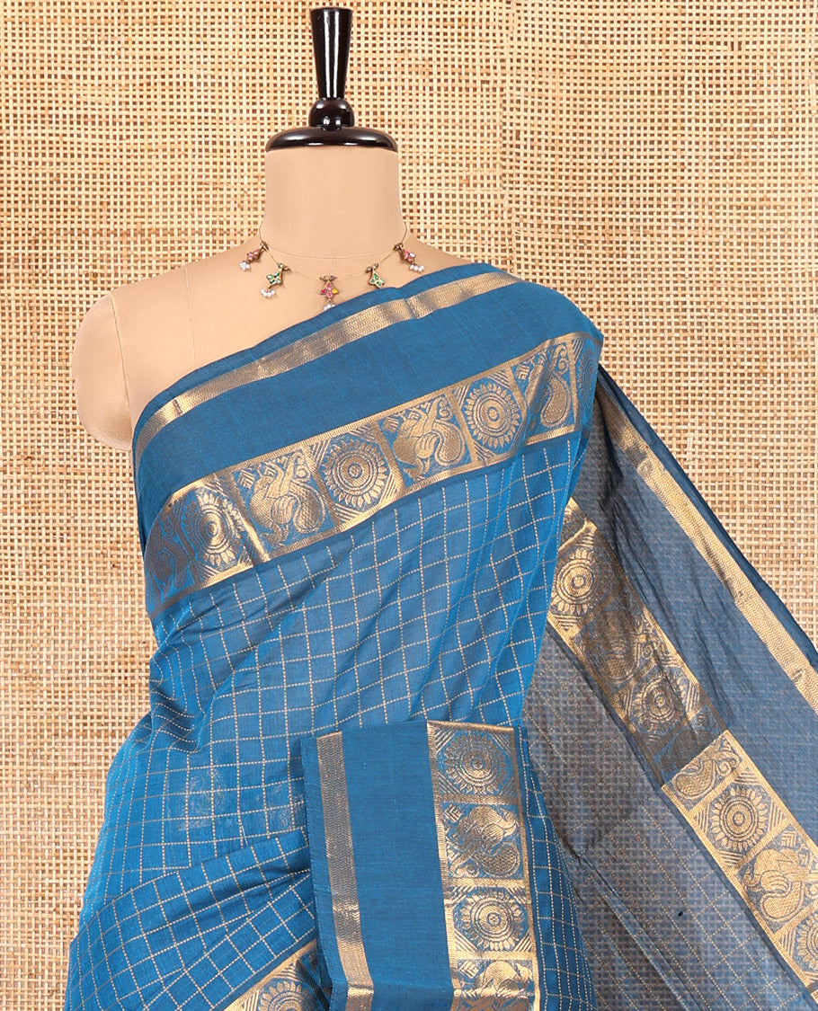 Deep Blue Chettinad Cotton Saree, Adorned with Checked Design on Its Body, Highlighted by Traditional Rettai Pettu Border of Peacock and Chakram Designs, Striped Pallu, and Paired with a Matching Blouse
