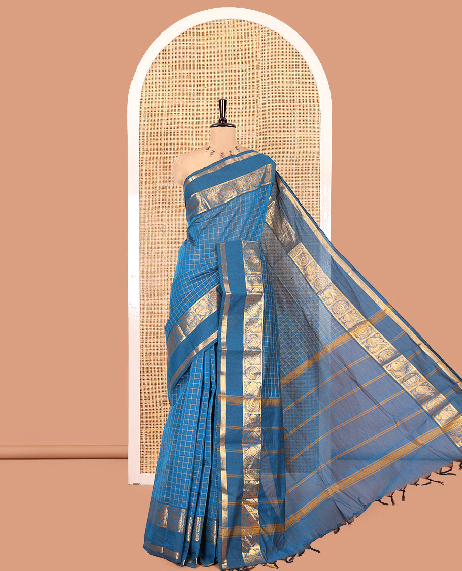 Deep Blue Chettinad Cotton Saree, Adorned with Checked Design on Its Body, Highlighted by Traditional Rettai Pettu Border of Peacock and Chakram Designs, Striped Pallu, and Paired with a Matching Blouse