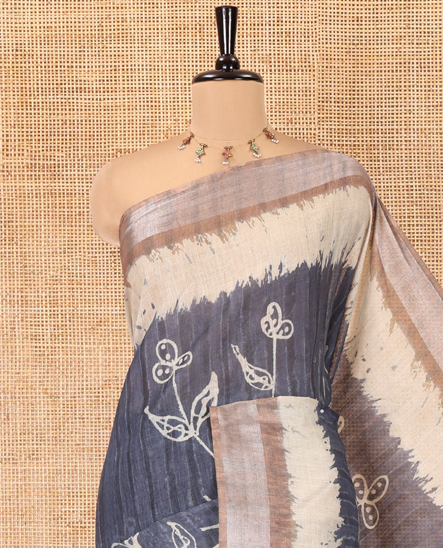 Grey Linen Cotton Saree, Artfully Detailed with Floral Abstract Print on Its Body, Complemented by a Contrast Bavanji Border, Geometric Printed Pallu, and Paired with a Contrast Blouse
