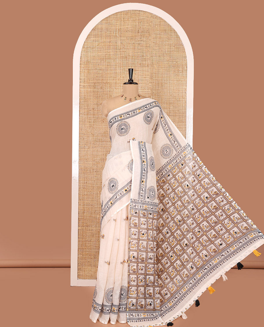 Cream Linen Cotton Saree, Artfully Printed with Warli Motifs and Mirrorwork, Self-Border, Warli Pallu, Matching Blouse