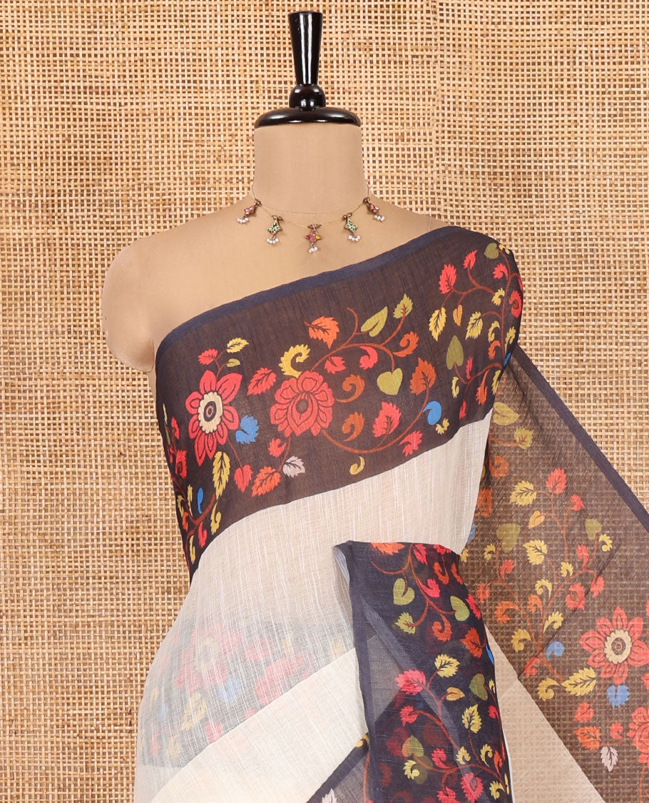 Cream Plain Linen Cotton Saree, a Contrast Kalamkari Floral-Printed Border, Peacock Pallu, and a Contrast Blouse