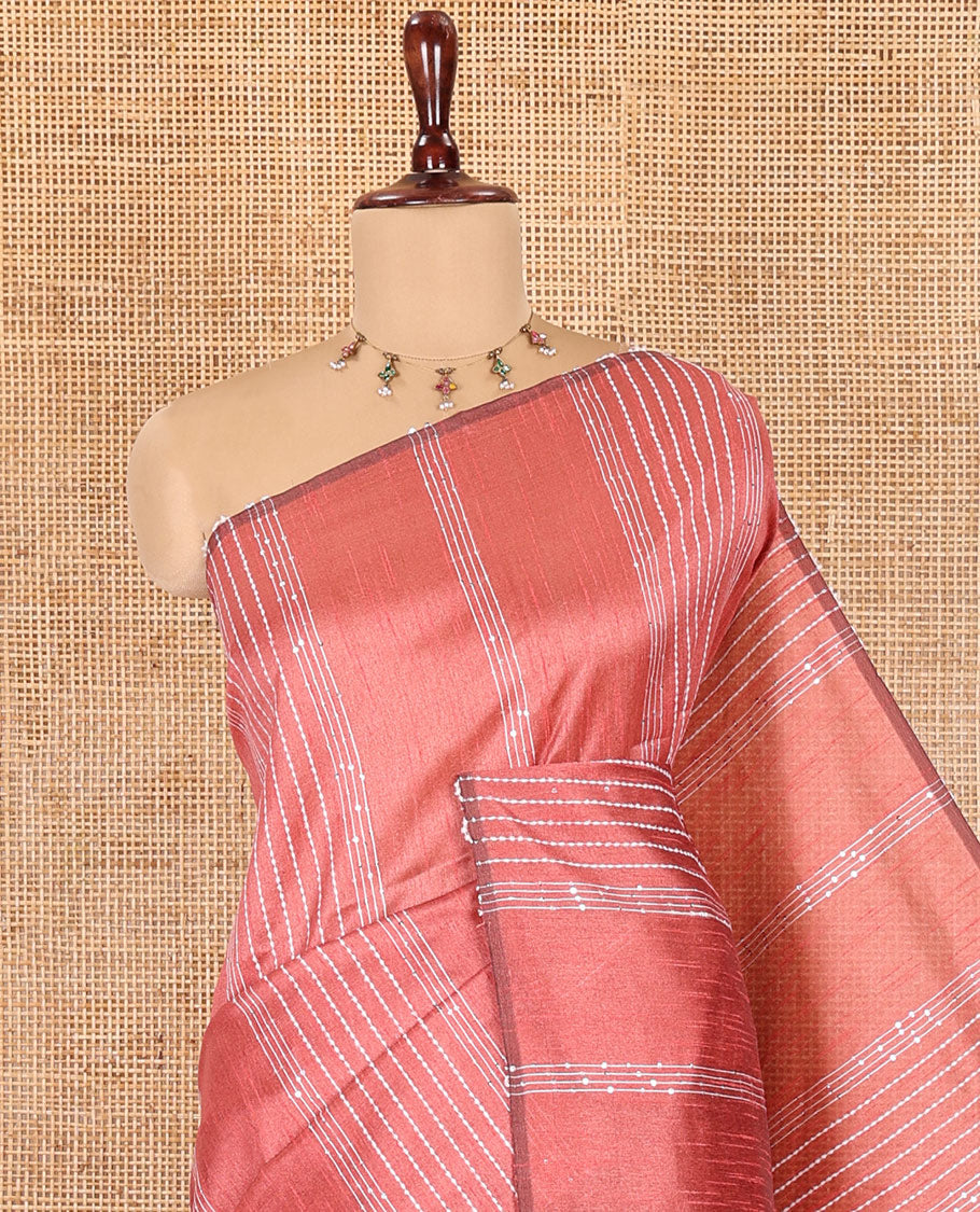 Borderless Dusky Rose Semi-Raw Silk Saree, Decorated with Sequined Stripes, a Contrast Zari Striped Pallu, and Contrast Blouse