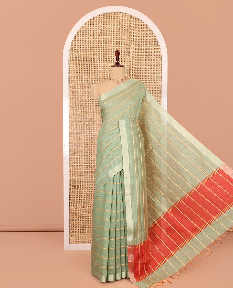 Pista Green Semi-Silk Cotton Saree Features Veldhari Stripes, Gold Zari Border, Contrast Striped Pallu and a Contrast Blouse