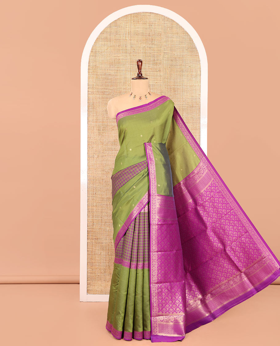 Olive Green Semi-Kanchi Silk Saree, Adorned with Buttas and Checks, a Contrast Traditional Border, Jaal Pallu, and a Contrast Blouse