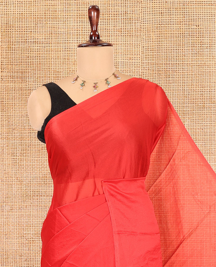Borderless Red Plain Crushed Rangoli Chiffon Saree, Comes with a Matching Designer Blouse