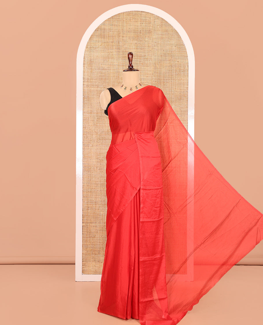 Borderless Red Plain Crushed Rangoli Chiffon Saree, Comes with a Matching Designer Blouse