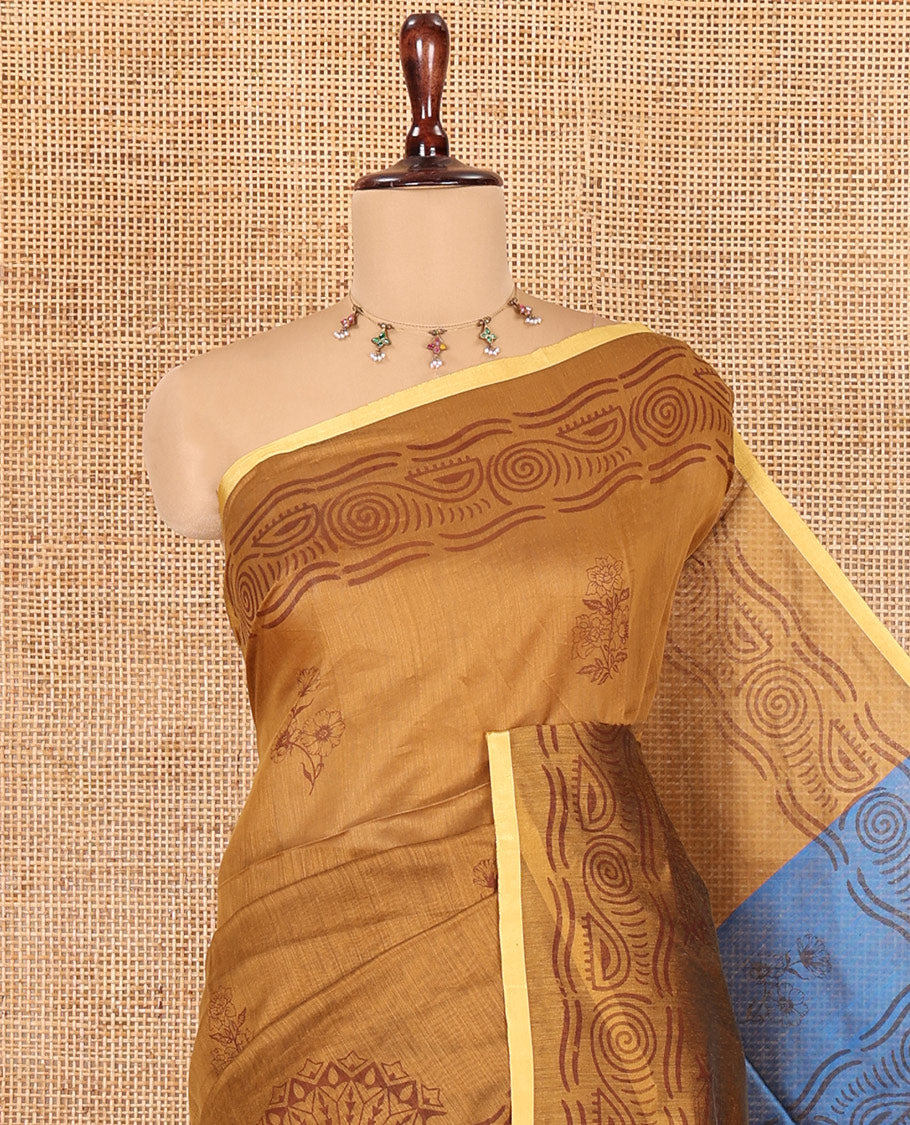 Mustard Khadi Cotton Saree, Ornamented with Flower Motifs, Printed Border, Contrast-Printed Pallu, and a Contrast Blouse