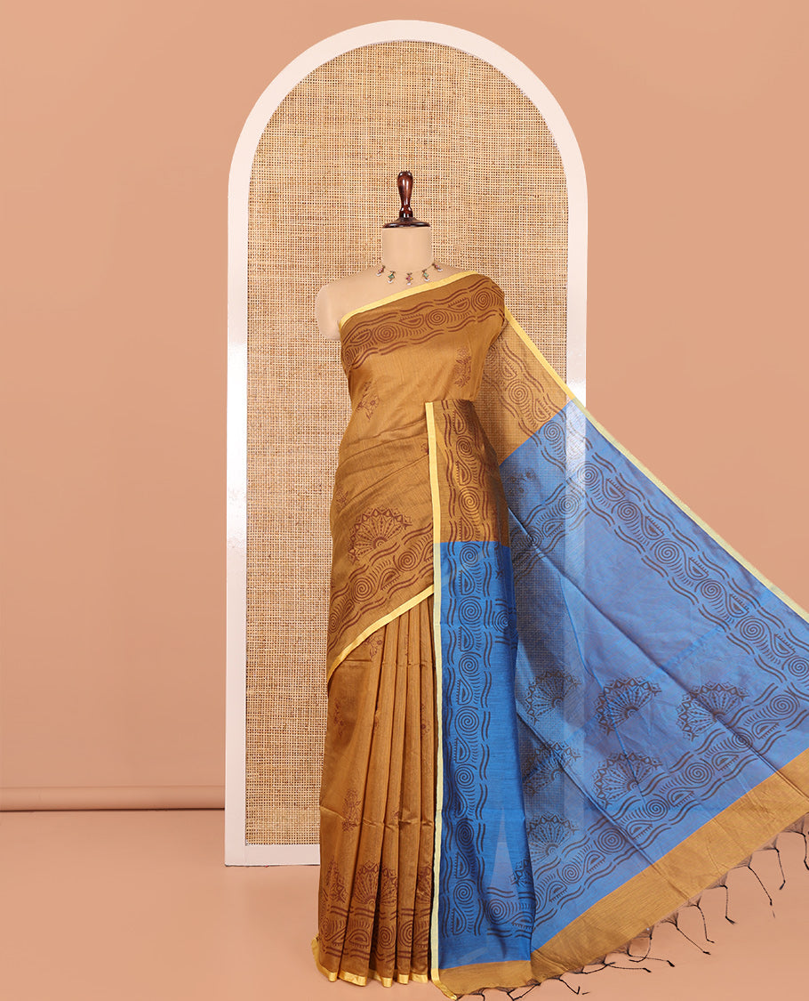 Mustard Khadi Cotton Saree, Ornamented with Flower Motifs, Printed Border, Contrast-Printed Pallu, and a Contrast Blouse
