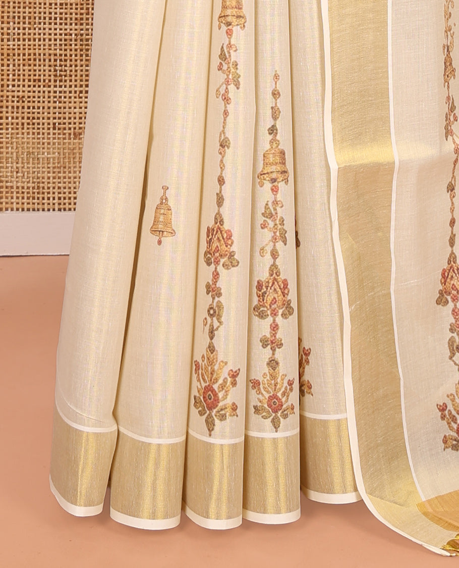 Gold Kerala Cotton Saree, Graced with Bell Motif Print, a Zari Border, Pallu of Elephant Motifs, and a Contrast Blouse