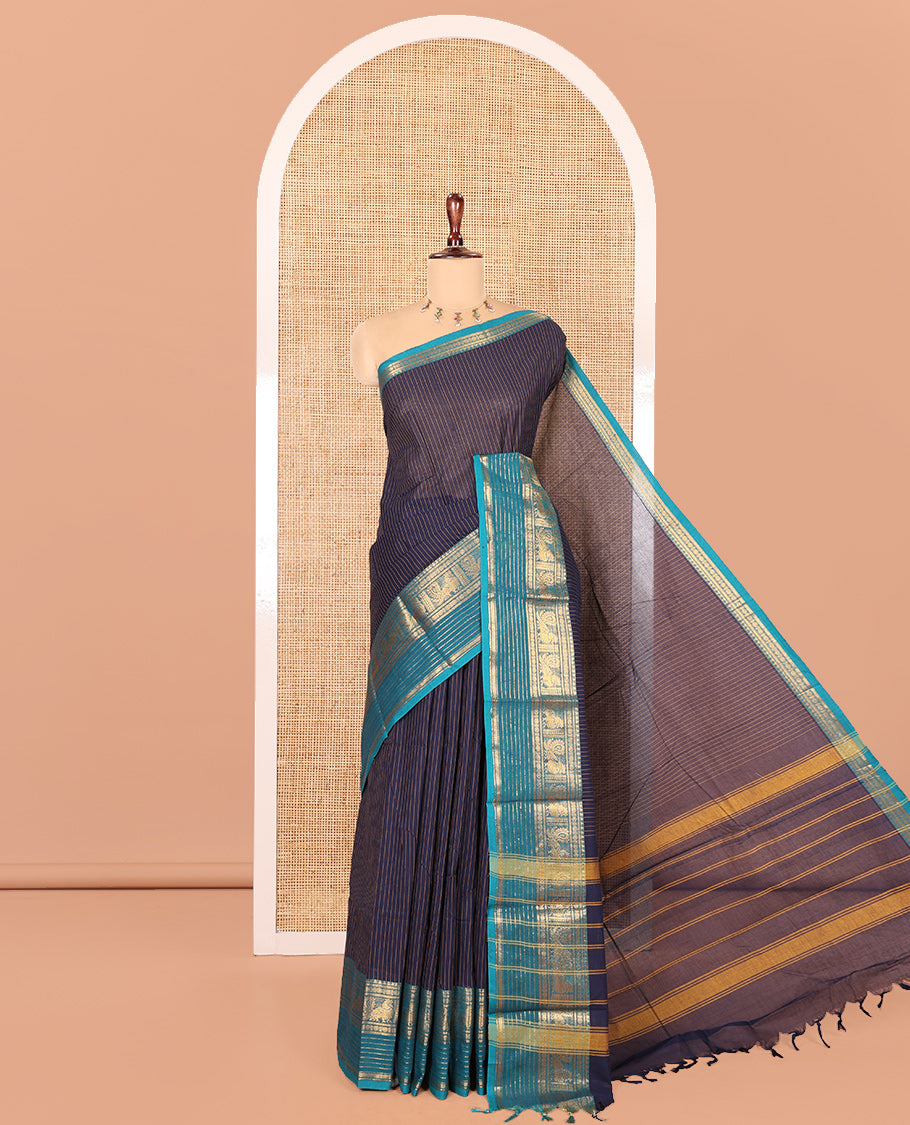 Navy Blue Striped Chettinad Cotton Saree, Complemented by a Contrast Traditional Temple Border, Striped Pallu, and a Matching Blouse