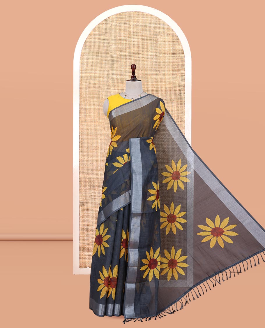Elephant Grey Linen Cotton Saree, Beautified with Sunflower Print, a Zari Border, and a Matching Blouse