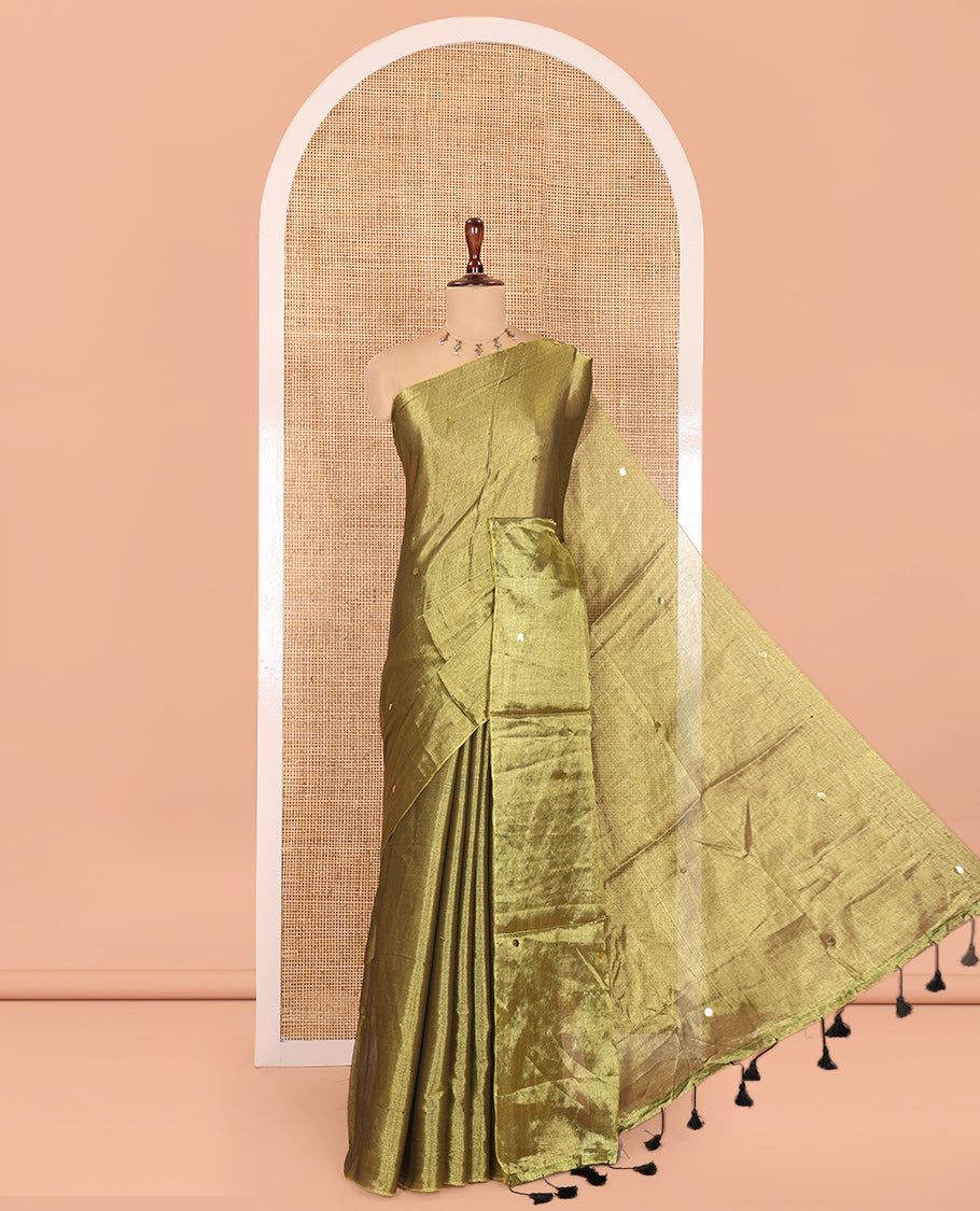 Borderless Mehenti Khadi Tissue Saree, Gleamed Up with Sequin Work, a Self-Pallu, and a Matching Blouse