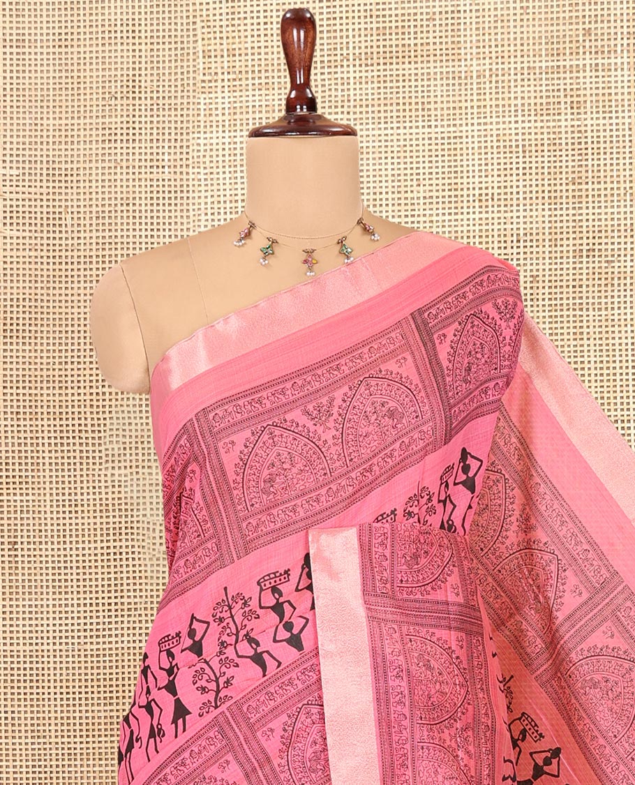Pink Semi-Silk Cotton Saree, Adorned with Warli Print, a Tissue Border, Contrast Warli Printed Pallu, and a Contrast Blouse