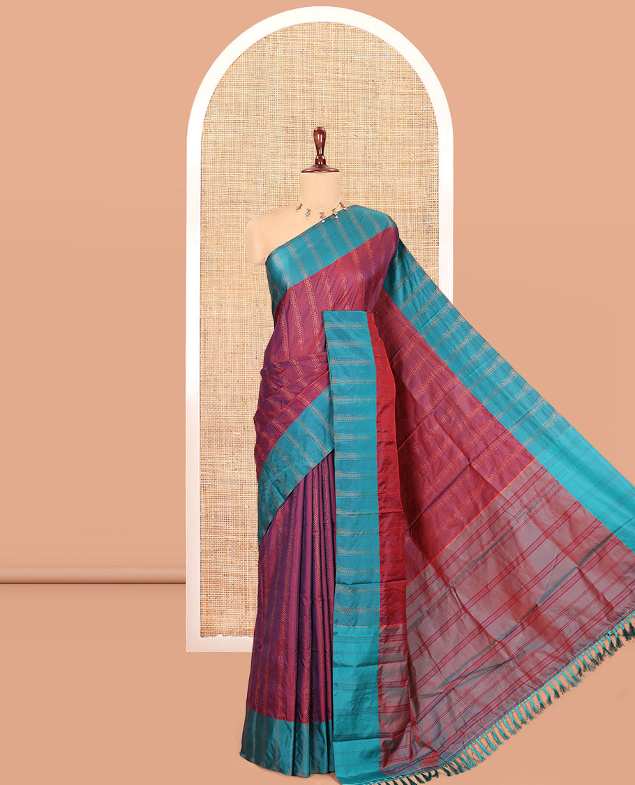 Purple Semi-Soft Silk Saree, Elevated with Chevron Stripes, Complemented by a Contrast Zari Striped Border, and a Contrast Blouse